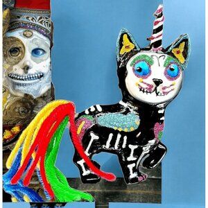 Unicorn Kitty Glass Ornament Rainbow Yarn Tail Day Of The Dead Cat Glitter Black